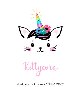 Vector Cute Unicorn Cat Head with Floral Wreath for Kids Design. Magic Caticorn or Kittycorn Nursery Poster. Magical Kitten Face with Flower Unicorn Horn and Funny Hair Bangs