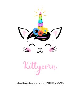 Vector Cute Unicorn Cat Head with Floral Wreath for Kids Design. Magic Caticorn or Kittycorn Nursery Poster. Magical Kitten Face with Flower Unicorn Horn and Funny Hair Bangs