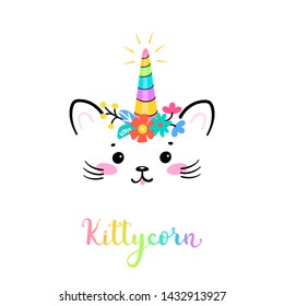Vector Cute Unicorn Cat Head with Floral Wreath for Kids t-shirt Print Design and Birthday Party. Magic Caticorn or Kittycorn Nursery Poster. Magical Kitten Face with Unicorn Horn and Flower Crown