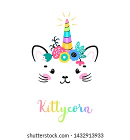 Vector Cute Unicorn Cat Head with Floral Wreath for Kids t-shirt Print Design and Birthday Party. Magic Caticorn or Kittycorn Nursery Poster. Magical Kitten Face with Unicorn Horn and Flower Crown