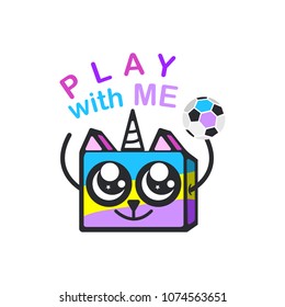 Vector Cute unicorn cat with a soccer ball. Sports illustration for children. Slogan, Play with me.