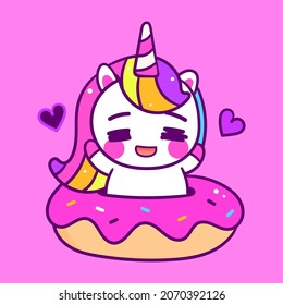 Vector cute unicorn character with donut