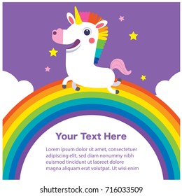 Vector cute Unicorn character on the rainbow with message board that you can place your text.