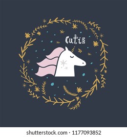Vector cute unicorn face. Scandinavian style kids graphic. Hand drawn illustration