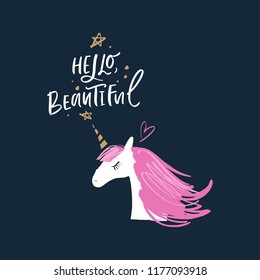 Vector cute unicorn head illustration, card and t-shirt design. Nursery art