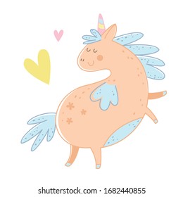 Vector cute unicorn and hearts. Smiling fantasy unicorn with colorful horn. Pastel colors. Baby illustrations. Kids background. Childish scandinavian print for baby, nursery decor.