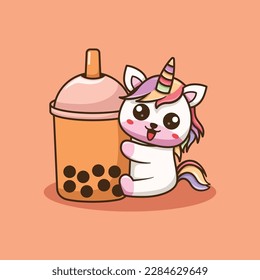 Vector Cute Unicorn Hugging Boba Illustration. Kawaii Animal and Drink Cartoon Character Design For Banner, Poster, Icon, and Mascot