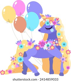 Vector cute unicorn illustration with balloons and flowers. Greeting card, poster, print, t-shirt design for kids,party concept, children books, prints,wallpapers