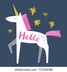 Vector cute unicorn illustration and stars and inscription "Hello".