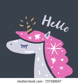 Vector cute unicorn and inscription "Hello". Label, poster, postcard, print, illustration and other.