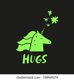 Vector cute unicorn and inscription "Hugs". Poster, label, postcard, sticker, print, luminescent elements for design and other.