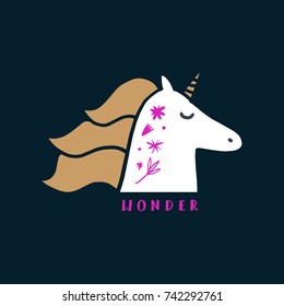 Vector cute unicorn and inscription "Wonder". Poster, label, postcard, sticker, print, elements for design and other.