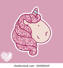 Vector cute unicorn logo with pink glitter texture. Thin flat line art design for unicorn party poster,stickers, t-shirt design, invitation, greeting card or company logo. children's illustration