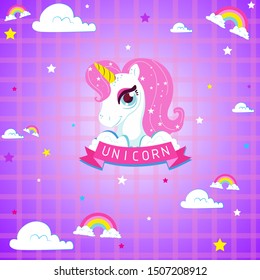 Vector Cute unicorn portrait with beautiful rainbow mane. Illustration for t-shirts. Cartoon magic unicorn for girl kids design. 