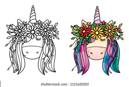 Vector cute  unicorn portrait  in wreath,  black silhouette and colored, isolated on white.