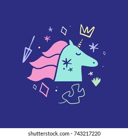 Vector cute unicorn. Poster, label, postcard, sticker, print, elements for design and other.