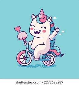 vector lindo unicornio bicicleta de equitación y ondear caricatura manual ilustración de icono vectorial