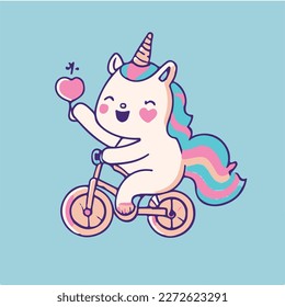 vector cute unicorn riding bicycle and waving hand cartoon vector icon illustration