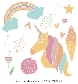 Vector cute unicorn set in hand drawn style.