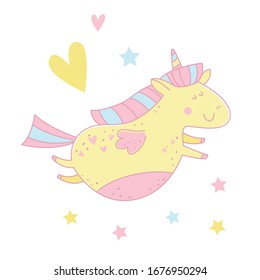 Vector cute unicorn, stars and hearts. Smiling fantasy unicorn with colorful horn. Pastel colors. Baby illustrations. Kids background. Childish scandinavian print for baby, nursery decor.