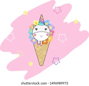 Vector Of Cute Unicorn And Sweet Pastel Flower And Star Ic In Ice Cream Cone Background