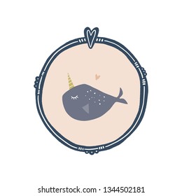 Vector cute unicorn whale or narwhal animal painting portrait in frame. Child cute illustration, nursery decor. Baby style art