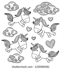 Vector lindos unicornios con nubes y Elementos de corazón, siluetas negras.  