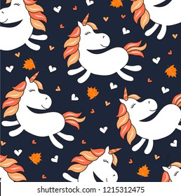 Vector cute unicorns. Greeting card, Vector pattern with cute cartoon unicorns. Wrapping paper or fabric.  
Autumn unicorn pattern with 
yellow leaves and hearts. Halloween Unicorn pattern.