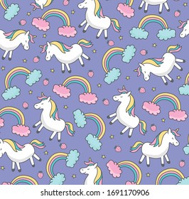 Vector lindos unicornios. Tarjeta de saludo, Vector patrón con adorables unicornios de dibujos animados. Envolver papel o tela. 
