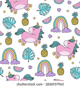 Vector cute unicorns. Greeting card, Vector seamless pattern with cute cartoon unicorns. Wrapping paper or fabric. Unicorn, rainbow, watermelon, stars, hearts, pineapple, tropical leaves.