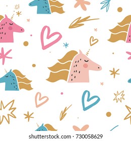 Vector cute unicorns, pattern. Wallpaper, background, print, elements for design and other.