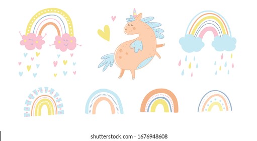 Vector cute unicorns and rainbows. Smiling happy clouds. Colorful rain from hearts and stars. Pastel colors. Baby illustrations. Kids background. Childish scandinavian print for baby, nursery decor.