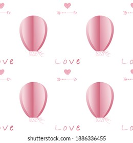 Vector cute valentine background with pink balloons and doodles. Simple Love seamless pattern with hearts, lettering and doodles for fabrics, paper, textile, gift wrap isolated on white background