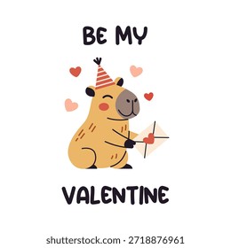 Vector cute valentine capybara with heart envelope with be my valentine phrase and flying hearts, adorable romantic animal greeting card for couple, kid, nursery, holiday design.