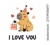Vector cute valentine capybara holding love shopping bag with i love you lettering and floating hearts, adorable romantic animal greeting card for couple, kid, nursery or holiday design.