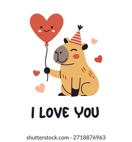 Vector cute valentine capybara holding smiling heart balloon with i love you lettering and flying hearts on white background, adorable romantic animal card for couple, kid, nursery or greeting design.