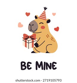 Vetor bonito valentine capybara segurando caixa de presente embrulhada com arco e ser meu lettering, cercado por corações voadores, cartão de saudação romântico adorável para casal, criança, berçário ou projeto de férias.