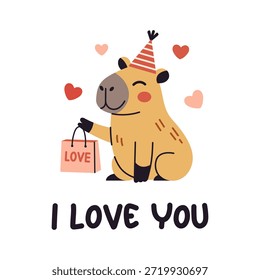 Vector cute valentine capybara holding love shopping bag with i love you lettering and floating hearts, adorable romantic animal greeting card for couple, kid, nursery or holiday design.