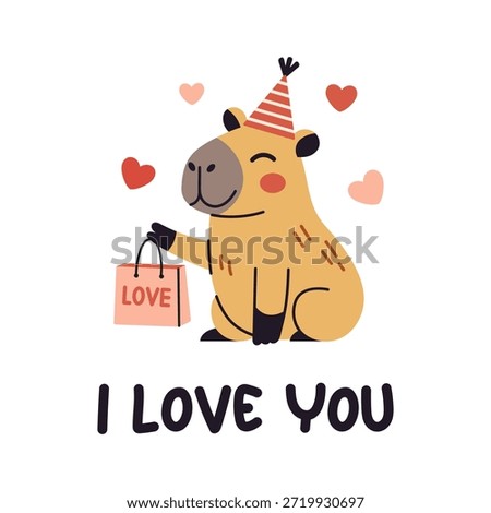 Vector cute valentine capybara holding love shopping bag with i love you lettering and floating hearts, adorable romantic animal greeting card for couple, kid, nursery or holiday design.