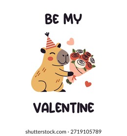 Vector lindo día de San Valentín capybara sosteniendo ramo de flores con letras de San Valentín y corazones voladores, adorable tarjeta de felicitación de animales románticos para pareja, niño, cuarto de niños o diseño de vacaciones.