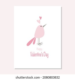 Vector cute Valentines Day card with cartoon pink bird and hearts on white background
