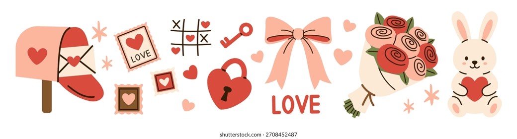 Vetor bonito Valentines dia amor elementos definidos com caixa de correio de coração, carimbo, tic tac toe, chave, cadeado, arco, buquê de flores, coelho com coração. Coleção de férias românticas para cartão de saudação, design de adesivo.