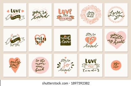 Vector cute Valentines Day quote postcards, greeting cards in retro style. Set of Boho Love hand drawn cards. Vintage calligraphic illustration