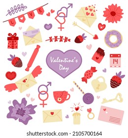 Vector cute Valentine's Day set. Romantic elements with hearts. Love cliparts.