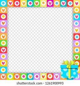 Vector cute vibrant border photo frame made of doodle hearts with blue gift box with ribbon in corner. Rainbow colored template with copyspace for Valentine, birthday invitation, flyer, greeting card