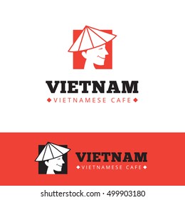 Vector Cute Vietnam Food Restaurant Logo. Asian Fast Food Cafe Logotype. Vienamese Man Head Symbol