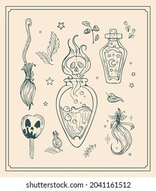 Vector cute vintage set illustration magic items, graphic drawing for Halloween. Walpurgis Night. Caramel apple, skull, witch potions, tufts of hair. For stickers, posters, postcards, design elements