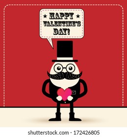 Vector cute vintage style cartoon character with top hat say happy valentine's day background illustration