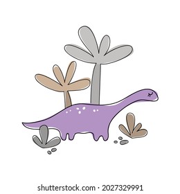 vector cute violet childish dinosaur cartoon dino for design card paper cloth funny reptile on white