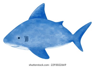 Vector Cute Watercolor Smiling Blue Shark isolated on white